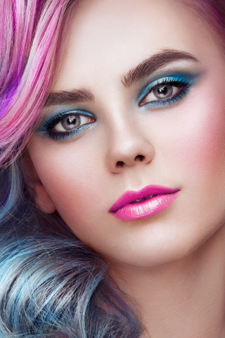 Color hair, girl model, makeup, close up, 240x320 wallpaper
