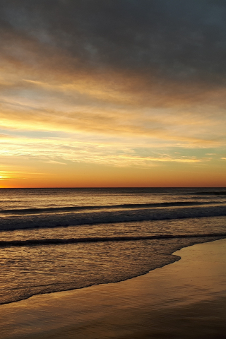 Sunset, beach, sea waves, calm and clean, 240x320 wallpaper