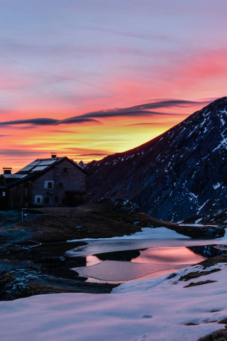 Cottage, house, mountains, landscape, sunset, 240x320 wallpaper