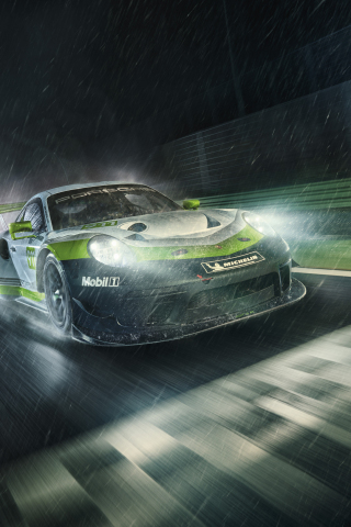 Porsche 911 GT3 R, rain blur, sports car, 2018, 240x320 wallpaper