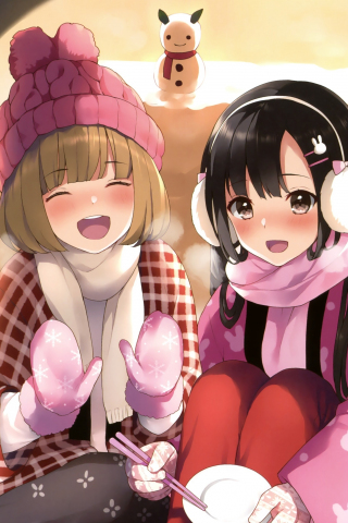 Winter, cute anime girls, friends, 240x320 wallpaper