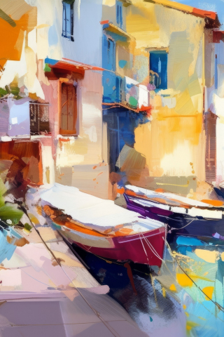 Coastal houses and boats, beautiful art, 240x320 wallpaper