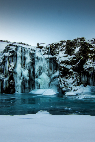 Winter, freezing lake, waterfall, nature, 240x320 wallpaper