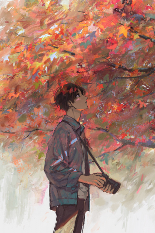 Anime boy, autumn, tree, artwork, 240x320 wallpaper