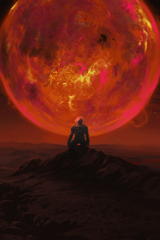 Red glowing planet, astronaut, 240x320 wallpaper