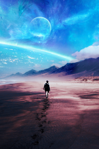 Fantasy, beach, walk alone, sci-fi artwork, 240x320 wallpaper
