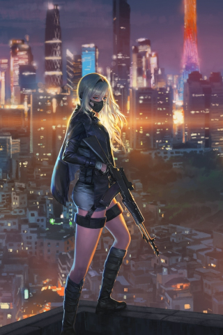 Sniper girl, cityscape, anime girl, art, 240x320 wallpaper