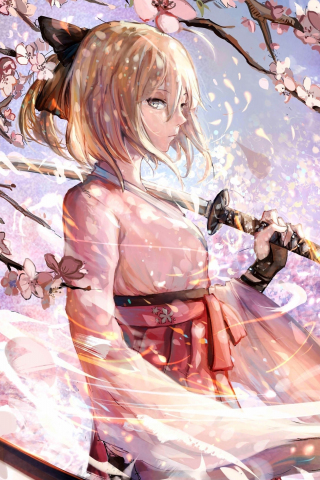 Sakura saber, katana, cherry blossom, anime, 240x320 wallpaper