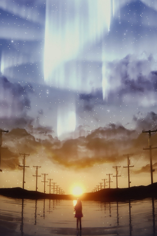 Anime girl, night, Northern lights, artwork, 240x320 wallpaper