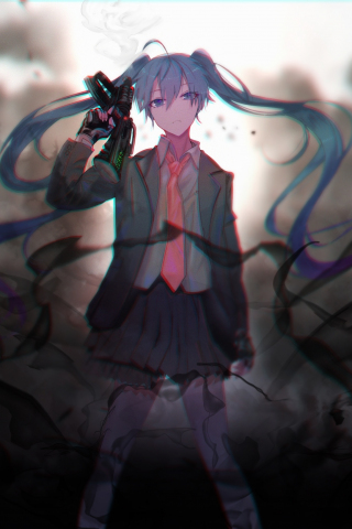 Bad girl, Hatsune Miku with gun, art, 240x320 wallpaper