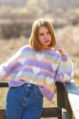 Short hair girl, colorful sweater, outdoor, 240x320 wallpaper