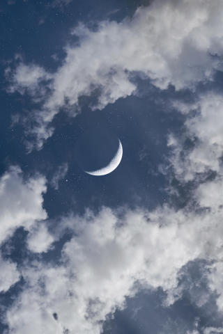 Crescent moon, half moon, clouds, blue sky, cosmos stars, 240x320 wallpaper