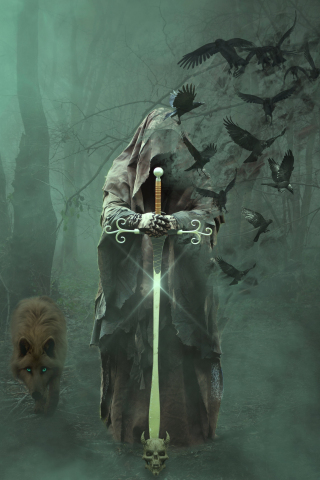 Magician, warrior with sword, fantasy, wolf, mystical, art, 240x320 wallpaper