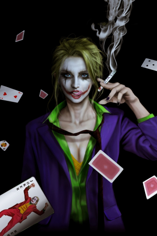 Joker girl, smoking, cards, art, 240x320 wallpaper