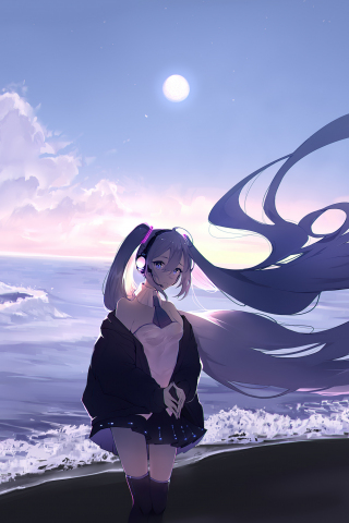 Hatsune Miku, long hairs, seashore, 240x320 wallpaper