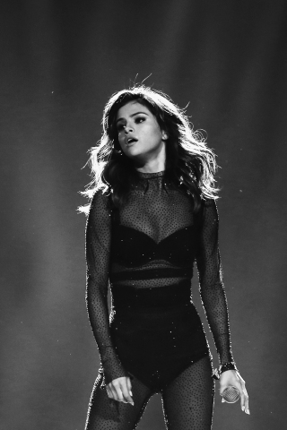 Selena Gomez, performance, on stage, monochrome, 240x320 wallpaper