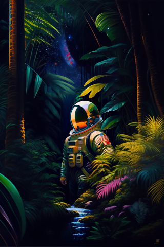 Astronaut in deep forest, AI art, 240x320 wallpaper
