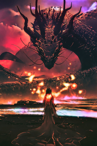 Dragon, sea monster, woman, fantasy, art, 240x320 wallpaper