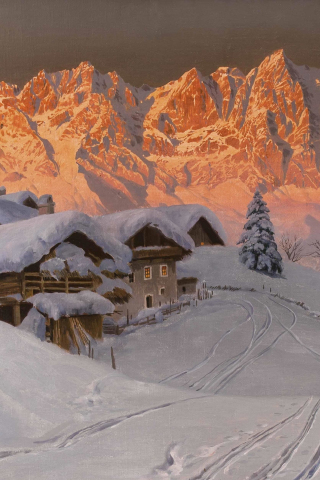 Mountains, winter, landscape, glowing mountains, art, 240x320 wallpaper
