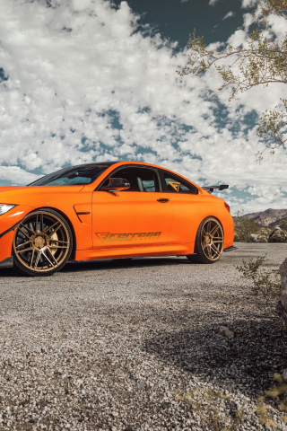 BMW M4, orange car, side view, 240x320 wallpaper