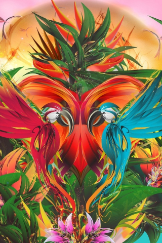 Abstract art, birds and leaves, 240x320 wallpaper