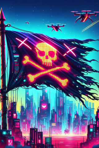 Cyberpunk city, pirate flag, game art, 240x320 wallpaper