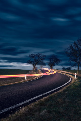 Night, landscape, highway, turn, long exposure, 240x320 wallpaper