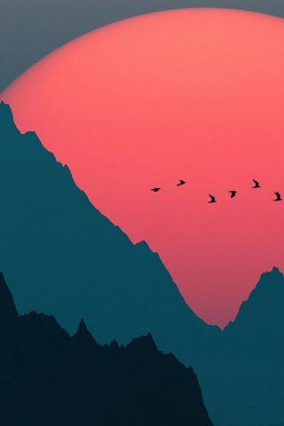 Sunset, mountains and birds, big sun, silhouette, dark, 240x320 wallpaper