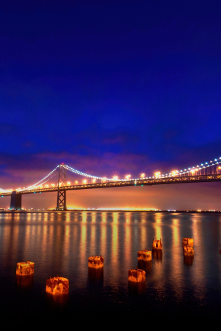 San Francisco, Oakland bay, bridge, night, reflections, 240x320 wallpaper