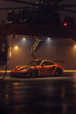 Porsche 911 GT2 RS, sports car, helicopter, 240x320 wallpaper