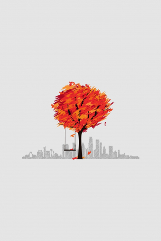 Cityscape, tree, swing, digital art, minimal, 240x320 wallpaper