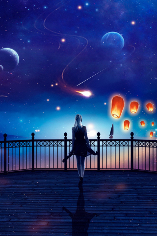 Outdoor, fantasy, anime girl, woman, space, planets, 240x320 wallpaper
