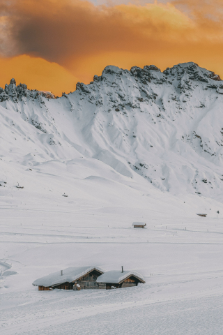 Glacier town, houses, sunset, mountains, 240x320 wallpaper