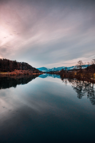 Lake, reflections, mountains, sunset, nature, 240x320 wallpaper