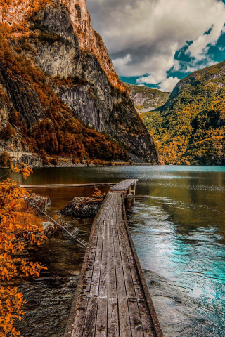 Autumn, wooden dock, lake, forest, 240x320 wallpaper