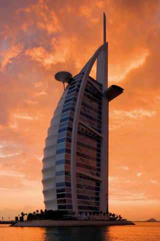 Architecture, hotel, Sunset, Burj Al Arab, 240x320 wallpaper