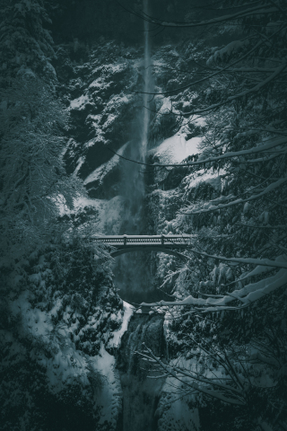 Winter, bridge, waterfall, snowfall, 240x320 wallpaper