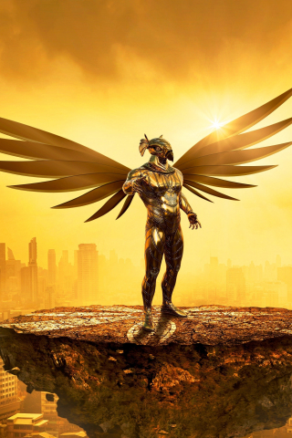 Fantasy, angel, golden, cityscape, digital art, 240x320 wallpaper