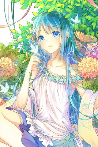 Flowers and cute anime girl, artwork, original, 240x320 wallpaper