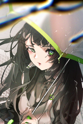 Green eyes, anime girl, beautiful, rain, 240x320 wallpaper