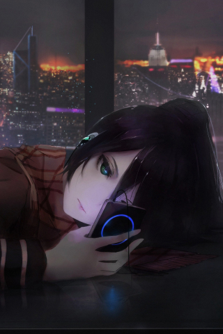 Anime girl using phone, cityscape, night, cute, art, 240x320 wallpaper