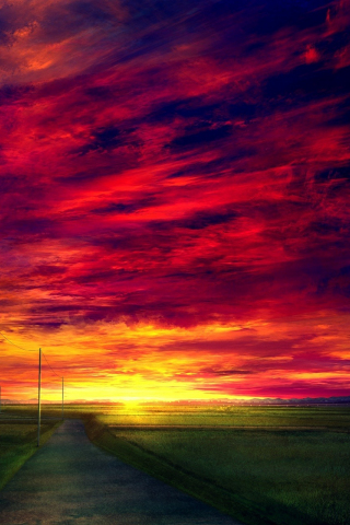 Sunset, road, landscape, anime, clouds, 240x320 wallpaper