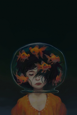 Surreal, girl's head in fish bowl, aquarium, 240x320 wallpaper