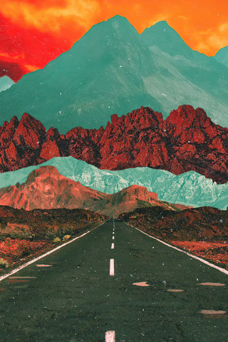 Lone road and mountains, AI art, 240x320 wallpaper