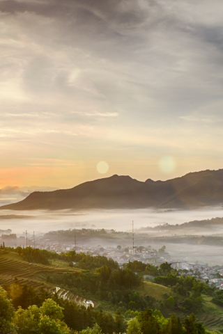 Sunrise, small city, town, fog, mountains, horizon, aerial view, 240x320 wallpaper