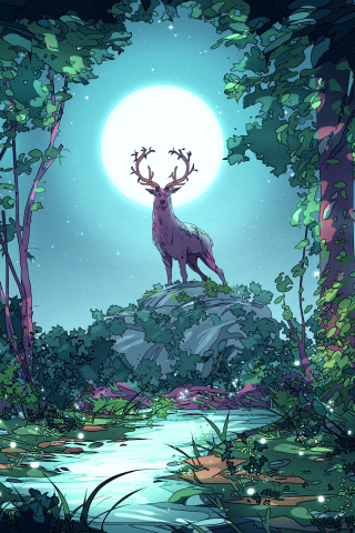 Deer at forest, moon night, art, 240x320 wallpaper