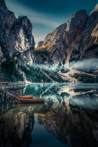Lake, boats, pier, mountains, reflections, nature, 240x320 wallpaper