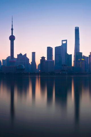 Shanghai, cityscape, buildings, reflections, sunset, 240x320 wallpaper