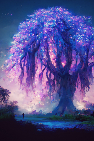 Night, violet tree, fantasy, 240x320 wallpaper