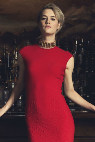 Mackenzie Davis, Canadian actress, red dress, 240x320 wallpaper